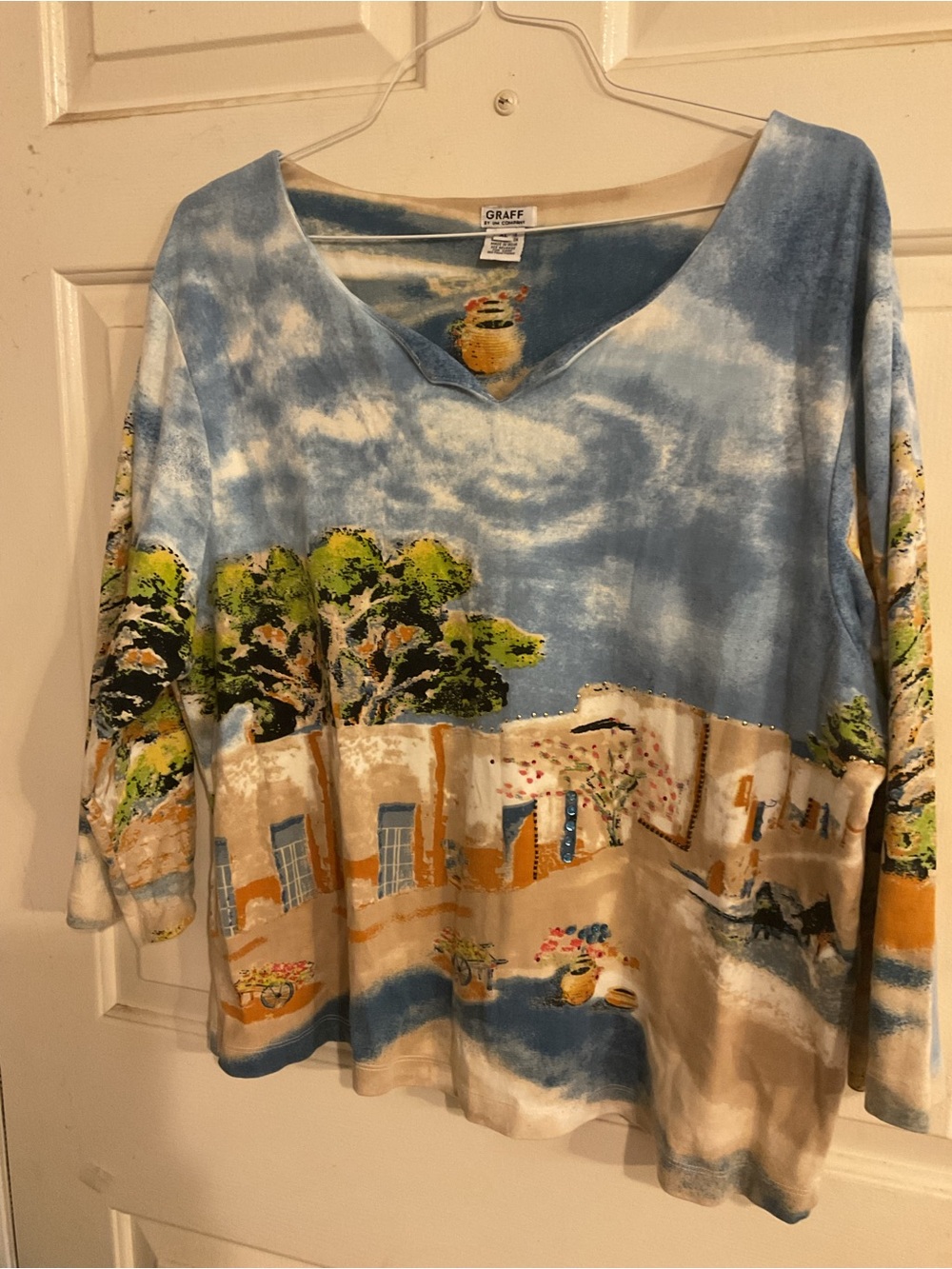 VTG Y2K GRAFF Women's Scenic PRINT MEDITERRANEAN V-Neck Top XL.